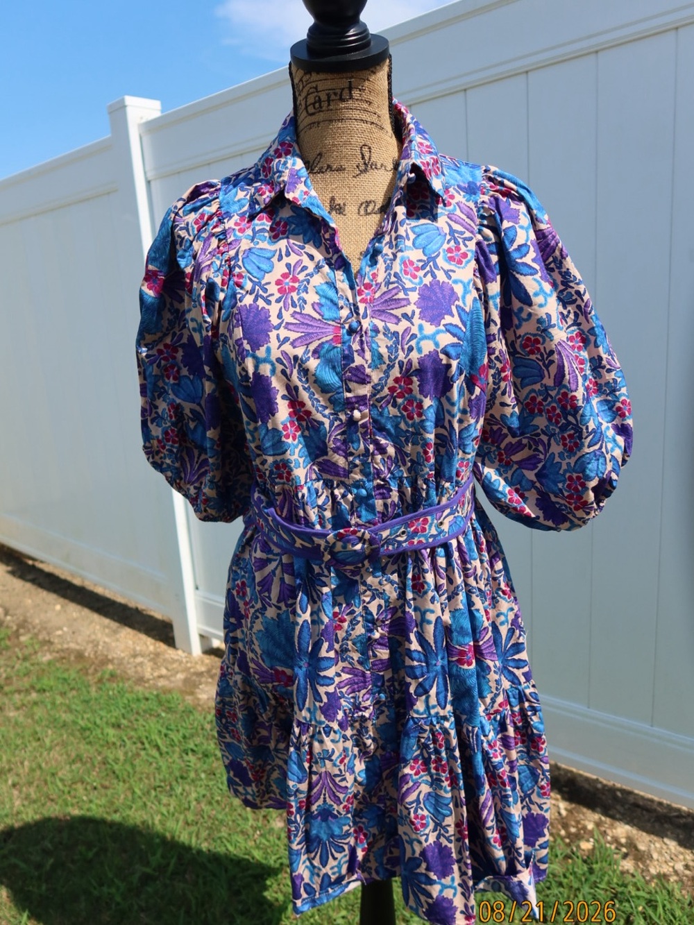 Floral Puff-Sleeve Mini Dress in Blue & Purple